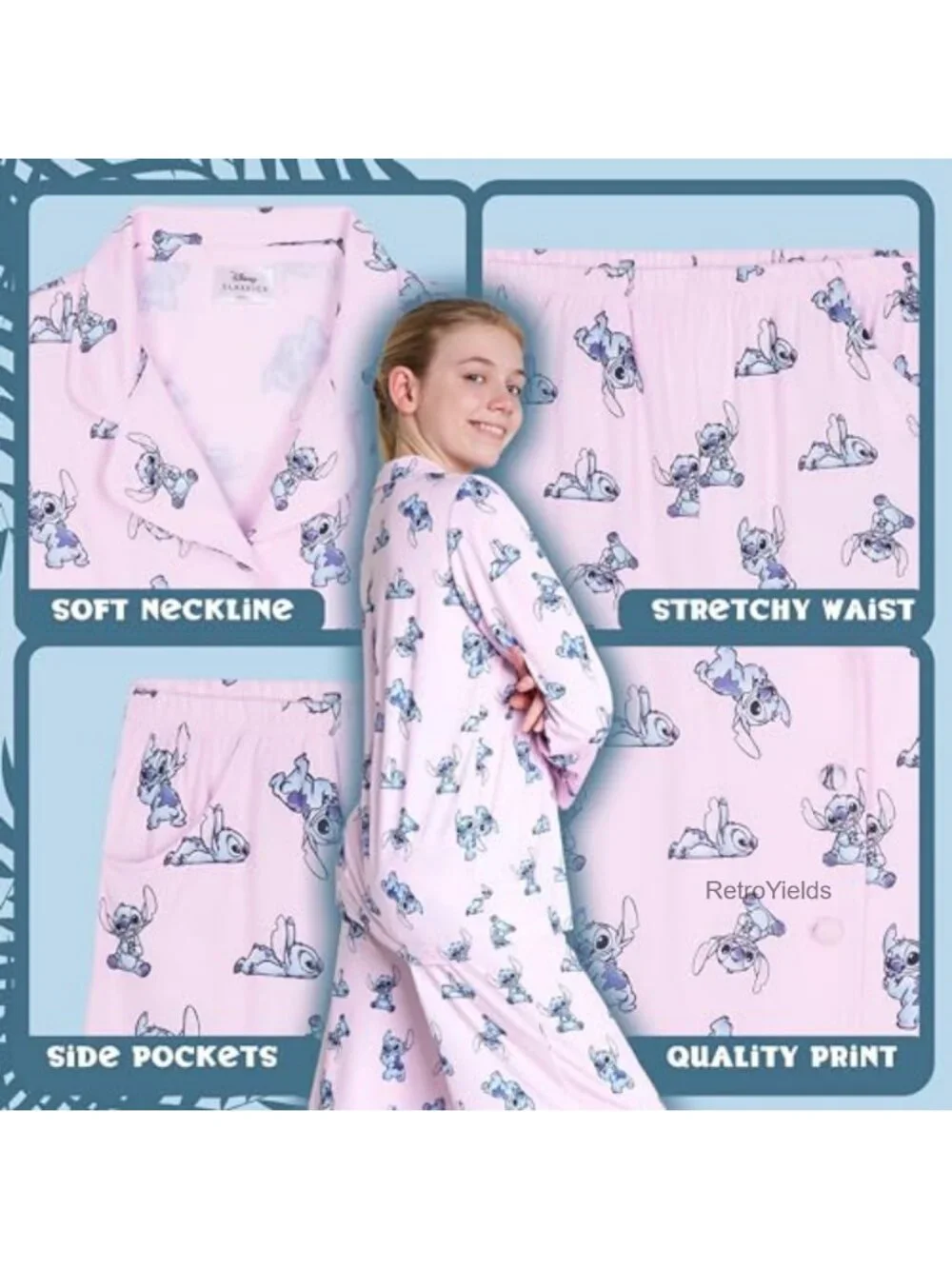Disney Stitch Girls Pajama Set 2-Piece Long Sleeve Lounge Wear